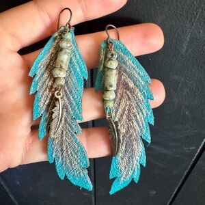 Hand painted feather leather dangle earrings with stones